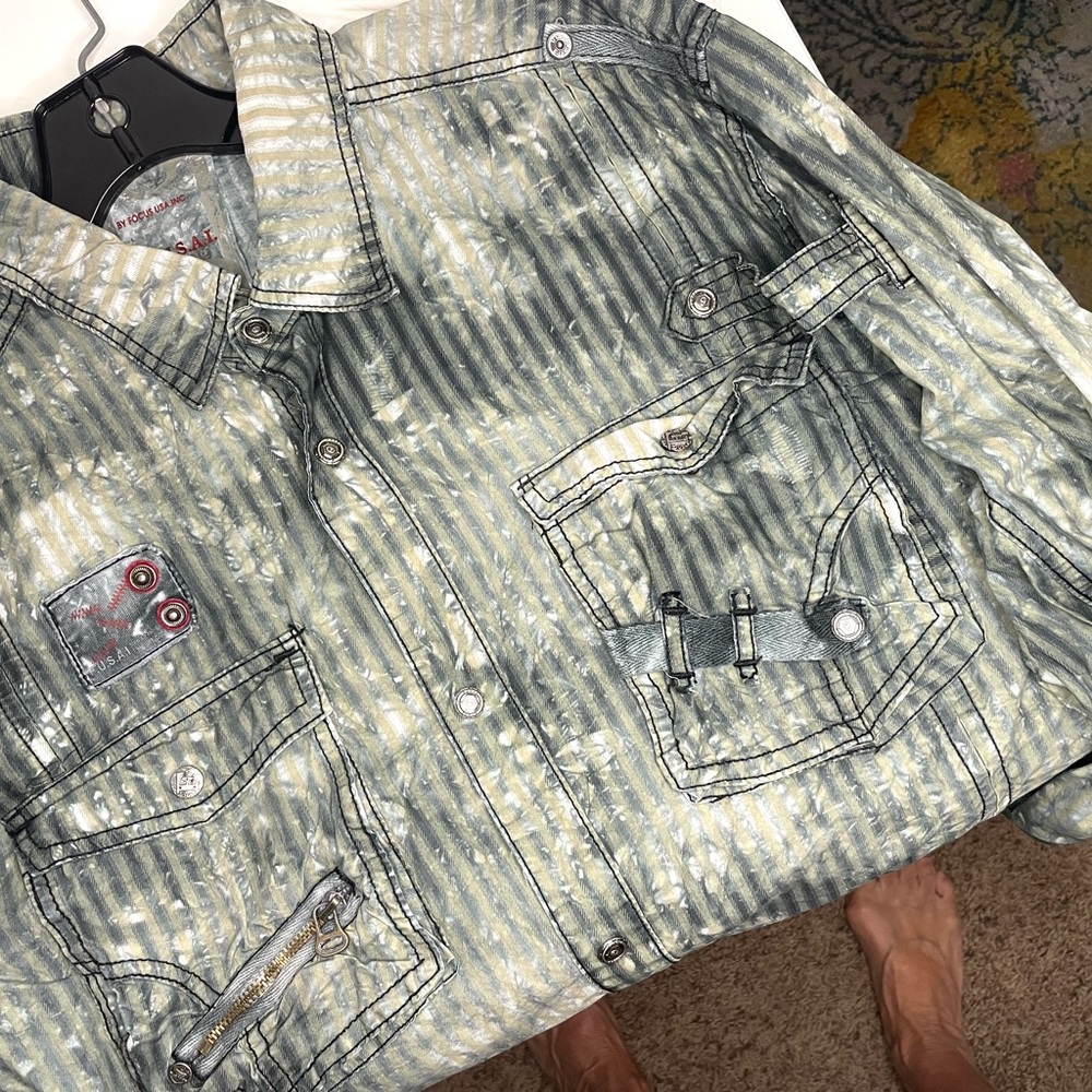 Vintage Y2K F.U.S.A.I. Acid Wash Pinstripe Utility Jacket - Women’s XL